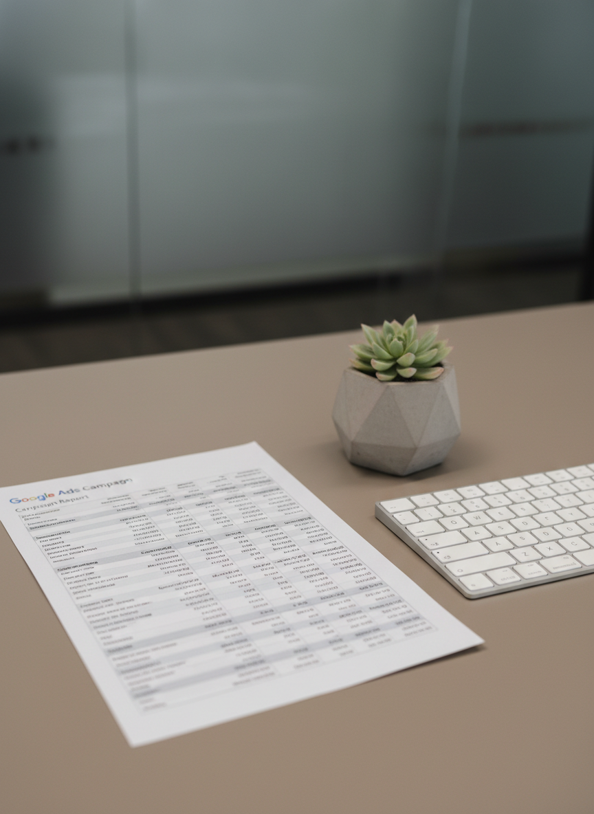 A precisely organized desktop scene featuring a printed Google Ads campaign report with well-aligned data columns, next to a matte white wireless keyboard and a small, stylish concrete planter. The items are arranged neatly on a smooth taupe surface, with a clean background showing only a faint hint of a glass office partition. Soft overhead LED lighting provides diffused illumination, creating subtle highlights and minimalistic shadows. The mood is orderly, logical, and confident. Captured from a slightly elevated front angle, the composition uses asymmetrical balance for dynamic professionalism. The artistic style is photographic and structured, visually reinforcing expertise in Google Ads management and business precision.