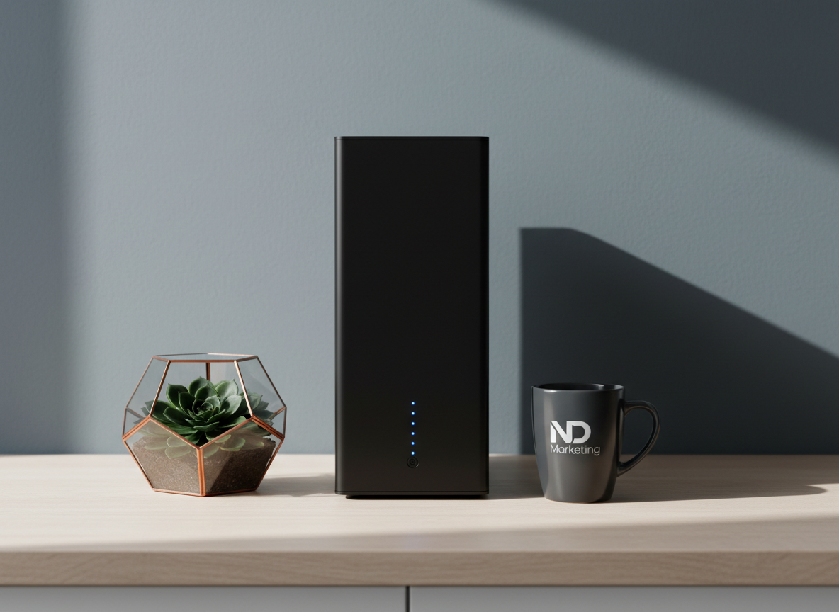 A minimalist arrangement of an elegant glass terrarium housing a small green succulent, placed beside a monolithic black server tower and a glossy ceramic mug with the ND Marketing logo. The objects rest on a meticulously organized light ashwood counter against a slate-colored accent wall. Studio lighting from the side casts long, soft-edged shadows, adding gentle contrast and depth. The scene exudes a sophisticated, trustworthy atmosphere, illustrating technical mastery in a welcoming, approachable way. The composition emphasizes structured alignment and balanced spacing, rendered in photographic realism with a neutral palette—ideal for conveying professionalism in digital marketing services.